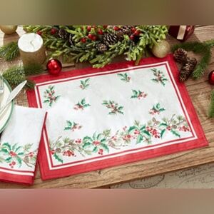 Elrene Perfect Holly Double Border Placemat, 13" x 19" Macy's & Matching Napkins